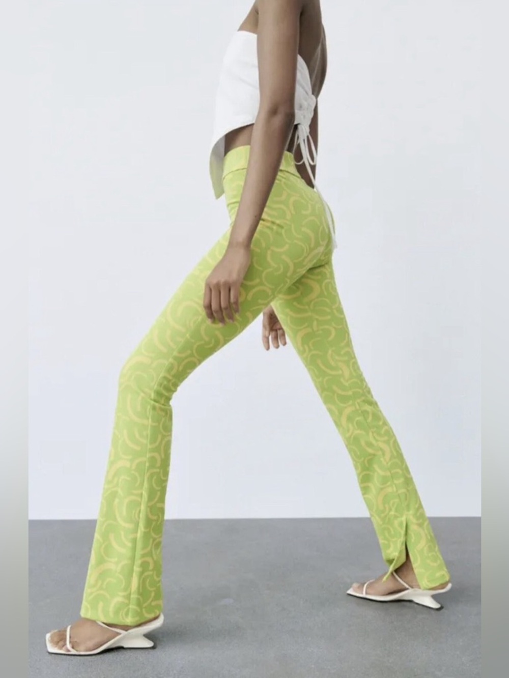 Zara Green Yellow Printed High Rise Flare Jacquard Groovy Retro Pants